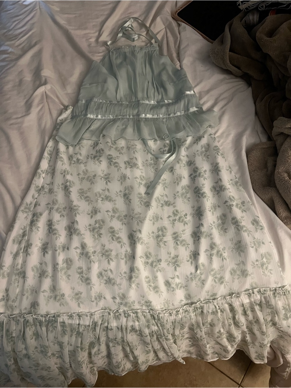 Hollister Light Sage Floral Halter Dress with Ruffle Trim